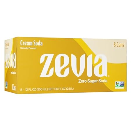 Zevia Zero Sugar Soda, Cream Soda, 12 oz Cans (8-Pack) – Naturally Sweetened, Non-GMO Project Verified, Gluten-Free, Vegan
