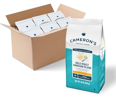 Cameron’s Coffee Gold Roast Hawaiian Blend Flavored Ground Coffee, Light Roast, 100% Arabica, 10-Ounce Bag, (Pack of 6)