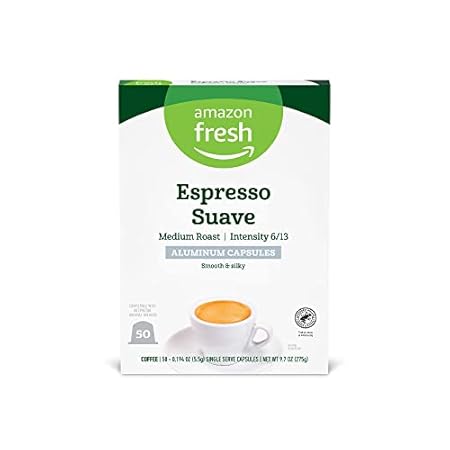 Amazon Fresh Espresso Suave Medium Roast Aluminum Capsules, Compatible with Nespresso Original Brewers, Intensity 6/13, 50 Count (5 Packs of 10)