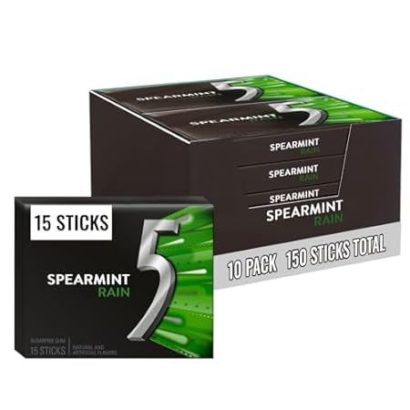 5 Gum Spearmint Rain Sugar Free Chewing Gum Bulk, 15 Stick Box (Pack of 10)