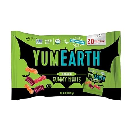 YumEarth Organic Halloween Candy, Allergy Friendly, Gluten Free, Non-GMO, Vegan, No Artificial Flavors or Dyes (20 Count (Pack of 1), Gummy Fruits)