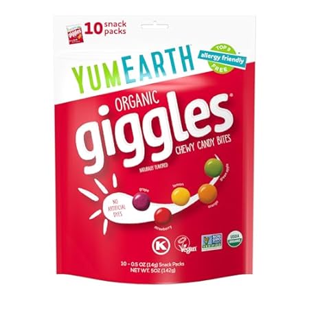 YumEarth Organic Giggles Chewy Candy - Allergy Friendly (Top 9 Free), No Artificial Dyes or Flavors, Non GMO, Gluten Free, Vegan - Individually Wrapped Fruity Snack Packs - 0.5 Ounce (Pack of 10)