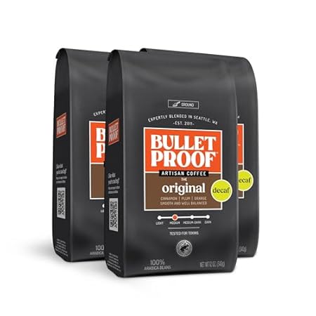 Bulletproof Original Medium Roast Ground Decaf Coffee, 12 Ounces (Pack of 3), Clean Coffee Tested for Toxins, Packaging May Vary