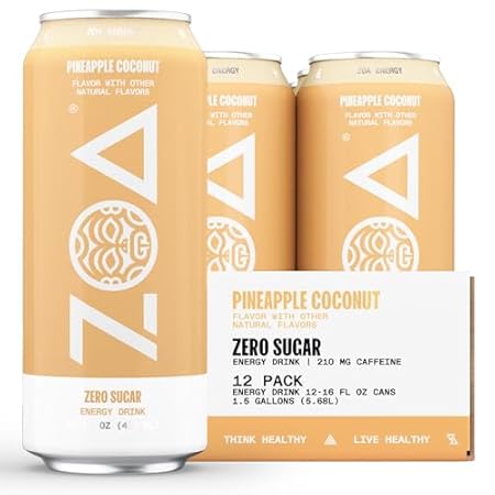 ZOA Zero Sugar Energy Drinks, Pineapple Coconut - Sugar Free with Electrolytes, Healthy Vitamin C, Amino Acids, Essential B-Vitamins, and Caffeine from Green Tea - 16 Fl Oz (12-Pack)