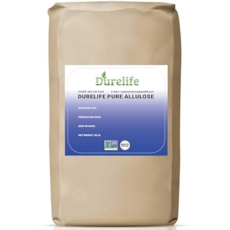 Durelife Allulose sweetener, 55 lb 100% Pure No Erythritol powdered Sugar Substitute, NON-GMO Project Verified, Keto Certified, OU kosher, No Fillers, Zero Calories sugar alternative 55 Lbs, Bulk Bag 880 oz