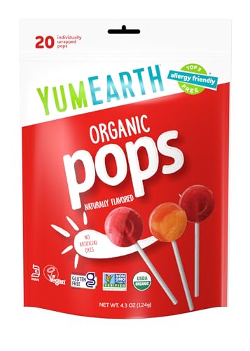 YumEarth Organic Lollipops, Assorted Flavors, 4.3 Ounce, 20 Lollipops - Allergy Friendly, Non GMO, Gluten Free, Vegan