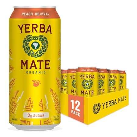 Yerba Madre Organic Yerba mate Energy Drink Alternative, Peach Revival, Low Sugar, 150mg Natural Plant Based Caffeine, Smooth Energy & Focus, No Jitters or Crash, 15.5 Oz (Pack of 12), Packaging May Vary