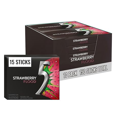 5 Gum Sour Strawberry Sugar Free Chewing Gum Bulk Pack, 15 Stick (Pack of 10)
