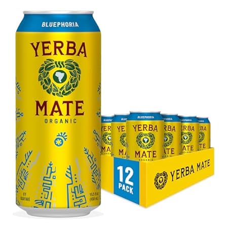 Yerba Madre Organic Yerba Mate, Energy Drink Alternative, Bluephoria, 150mg Natural Plant Based Caffeine, Better for You Energy & Focus, No Jitters or Crash, 15.5 Oz (Pack of 12) (Packaging May Vary)