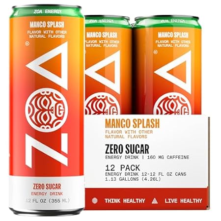 ZOA Zero Sugar Energy Drinks, Mango Splash - Sugar Free with Electrolytes, Healthy Vitamin C, Amino Acids, Essential B-Vitamins, and Caffeine from Green Tea - 12 Fl Oz (Pack of 12)
