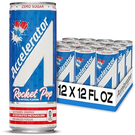 Accelerator Energy Drink Sugar Free, Rocket Pop 12oz can(12 pack)Zero Sugar Energy Drinks with Sustained Energy from 100% Natural Caffeine (200mg) & Green Tea extract