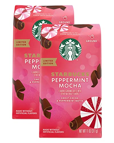 Starbucks Limited Edition Ground Coffee, Peppermint Mocha Flavored Coffee, Limited Edition Holiday Coffee, No Artificial Flavors, 11-Ounce Bag (Pack of 2)