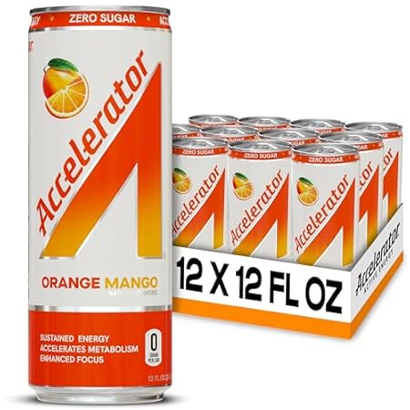 Accelerator Energy Drink Sugar Free, Orange Mango 12oz can(12 pack)Zero Sugar Energy Drinks with Sustained Energy from 100% Natural Caffeine (200mg) & Green Tea extract