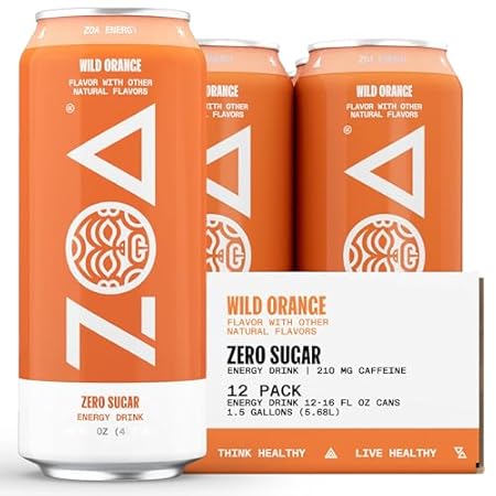ZOA Zero Sugar Energy Drinks, Wild Orange - Sugar Free with Electrolytes, Healthy Vitamin C, Amino Acids, Essential B-Vitamins, and Caffeine from Green Tea - 16 Fl Oz (12-Pack)