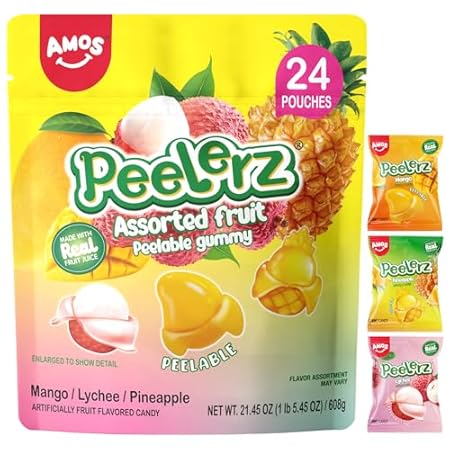 Amos Peelerz Assorted Peelable Gummy – Tropical Peeling Candy Variety Pack | Mango, Lychee & Pineapple | 24 Individual Packs (608g) | Fun, Chewy & Shareable Treat