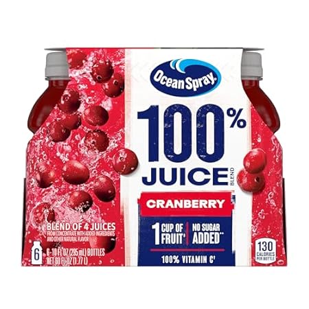 Ocean Spray 100% Juice, Cranberry Juice, 10 Ounce Bottle (Pack of 6)