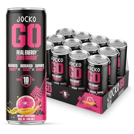 Jocko GO Energy Drink - Keto, Vitamin B12, Vitamin B6, Electrolytes, L Theanine, Magnesium- Energy Boost, Sugar Free Nootropic Monk Fruit Blend - 12 Pack (Pink Lemonade)