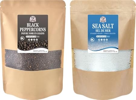 52USA Black Peppercorns 12 oz and Coarse Sea Salt 2 lbs, Salt and Pepper for Grinder Refill, Whole Peppercorns