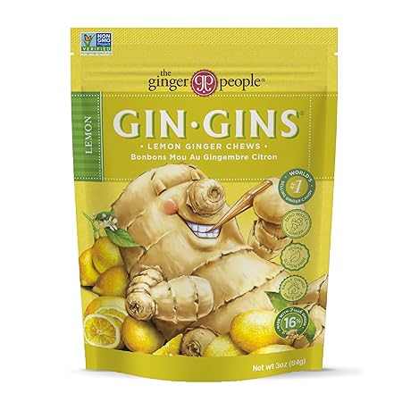 GIN GINS Lemon Ginger Chews – Natural Fresh Ginger Candy by The Ginger People – Individually Wrapped Healthy Candy – Lemon Flavor – 3 oz Bag – Pack of 1