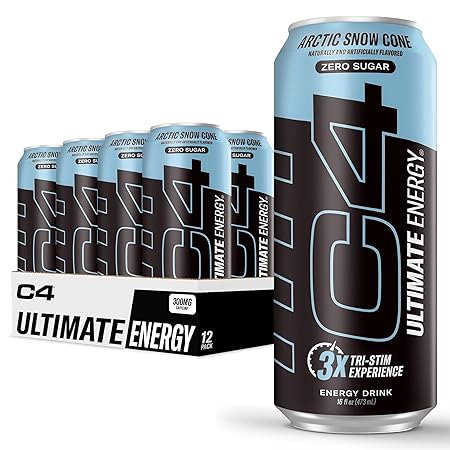 C4 Ultimate Sugar Free Energy Drink 16oz (Pack of 12) | Arctic Snow Cone | Pre Workout Performance Drink with No Artificial Colors or Dyes