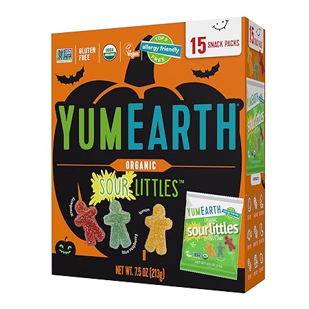 YumEarth Organic Halloween Sour Littles Chewy Candy - Allergy Friendly (Top 9 Free), No Artificial Dyes or Flavors, Non GMO, Gluten Free, Vegan Candy Snacks - 15 CT Box