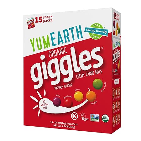 YumEarth Organic Giggles Chewy Candy – Allergy Friendly, No Artificial Dyes, Non GMO, Gluten Free, Fruit Flavored, Vegan Candy Snacks with No Artificial Flavors, 0.5 oz (Box of 15)