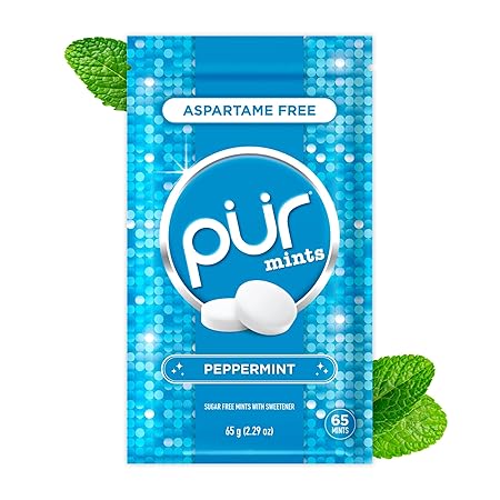 PUR Mints | Aspartame Free Breath Mints | Made with Xylitol | Sugar Free, Vegan, Gluten Free | Natural Peppermint Flavor | 65 Pieces in Re-Sealable pouch (Pack of 1)
