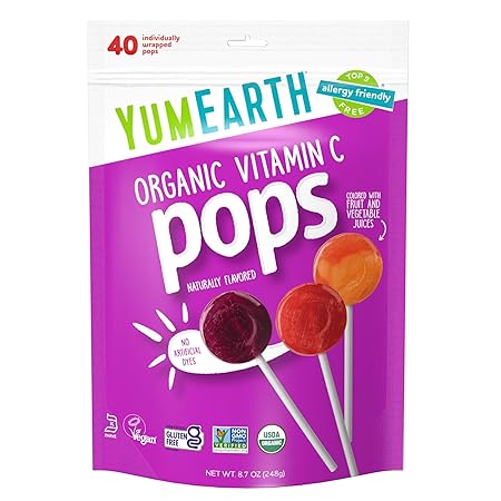YumEarth Organic Lollipops, Assorted Flavors - Allergy Friendly, Non GMO, Gluten Free, Vegan (Packaging May Vary) (40 Count, Vitamin C)