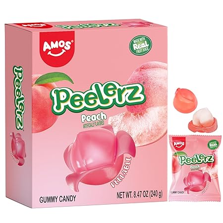 AMOS Peelerz Peach Gummy Candy, Peelable Fruit-Shaped Candy, 10 Snack Packs in Box, Chewy Peach Flavor Treat for Kids and Adults, 240g Box (8.47oz)