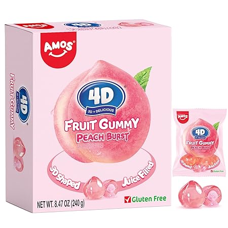 AMOS 4D Gummy Peach Burst Candy – Juice-Filled Peach-Shaped Fruit Gummies, Gluten-Free, Naturally Flavored, 8.47oz (240g) Bag – Fun 3D Candy for Kids & Adults