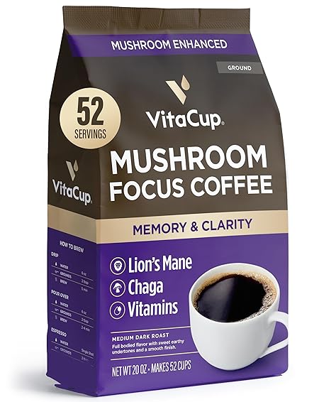VitaCup Focus Mushroom Coffee Grounds, with Lions Mane, Chaga, B Vitamins, D3, Boost Focus, Immunity, Memory & Clarity, Medium Dark Roast, 100% Arabica Specialty, 20oz, 52 Servings