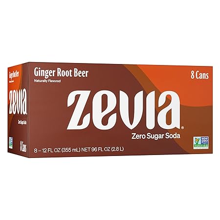 Zevia Zero Sugar Soda, Ginger Root Beer, 12 oz Cans (8-Pack) – Naturally Sweetened, Non-GMO Project Verified, Gluten-Free, Vegan