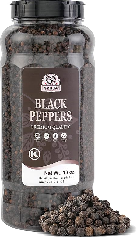 52USA Whole Black Peppercorns, 18oz (Pack of 1), Peppercorns for Grinder Refill, Gluten-Free, Kosher, Non-GMO, All Natural Black Pepper, Perfect for Cooking & Seasoning