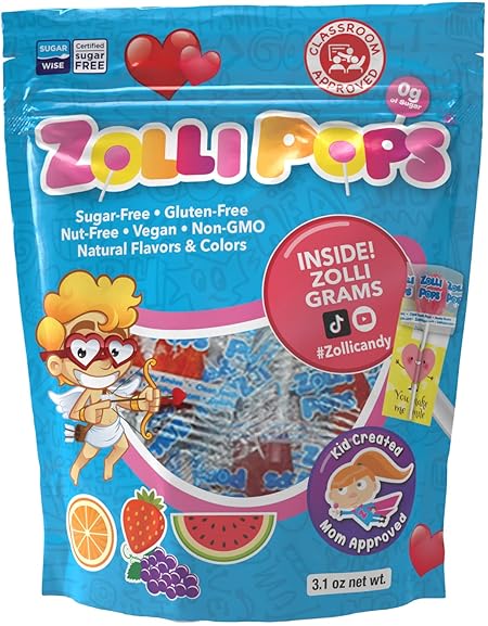 Zollipops - Valentine's Day Pack - Clean Teeth Pops Sugar Free Candy with Xylitol, Dye-Free Lollipops - Keto & Diabetic-Friendly, Dentist-Approved Treats for Kids (Assorted Fruit, 3.1 oz)
