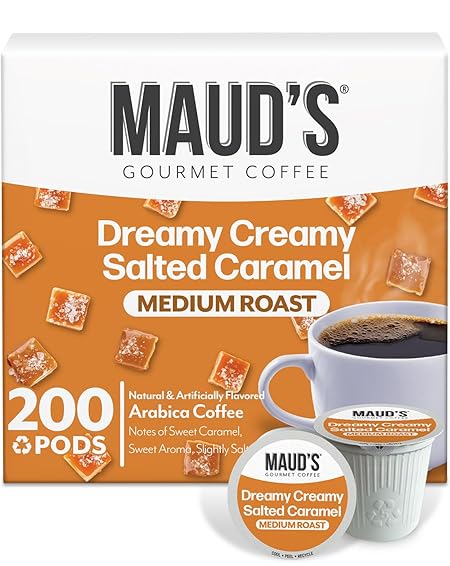 Maud's Salted Caramel Flavored Coffee Pods, 200 ct, Medium Roast Flavored Coffee in Recyclable Single Serve Pods – 100% Arabica Beans, Compatible with Keurig K Cups Maker