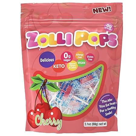 Zollipops Clean Teeth Pops Sugar Free Candy with Xylitol, Dye-Free Lollipops - Keto & Diabetic-Friendly, Dentist-Approved Treats for Kids (Cherry, 3.1 oz)