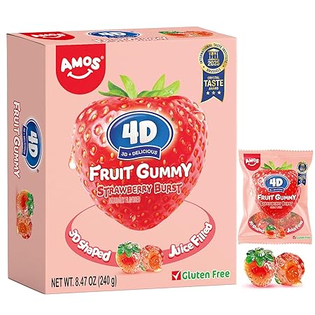 AMOS 4D Gummy Strawberry Burst Candy – Juice-Filled Strawberry-Shaped Gummy Candy, Gluten-Free Fruit Snacks, 8.47oz (240g)