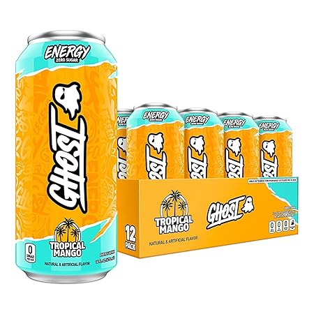 GHOST Energy Drink - 12-Pack, Tropical Mango, 16oz Cans - Energy & Focus & No Artificial Colors - 200mg of Natural Caffeine, L-Carnitine & Taurine - Gluten-Free & Vegan