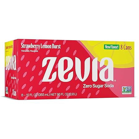 Zevia Zero Sugar Soda, Strawberry Lemon Burst, 12 oz Cans (8-Pack) – Naturally Sweetened, Zero Calorie Sugar Free Soda - Non-GMO Project Verified, Gluten-Free, Vegan
