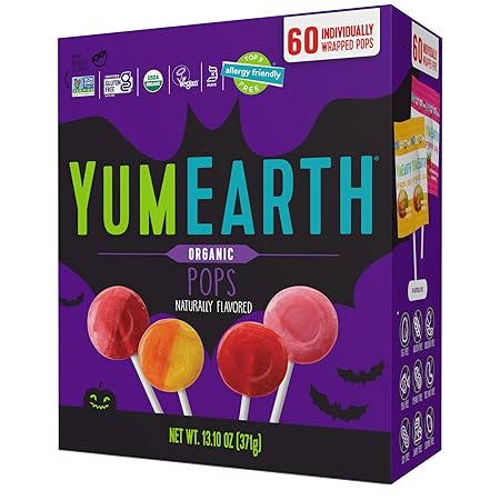 YumEarth Organic Halloween Candy, Allergy Friendly, Gluten Free, Non-GMO, Vegan, No Artificial Flavors or Dyes (60 Count (Pack of 1), Lollipops)