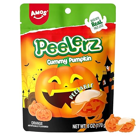 AMOS Peelerz Halloween Gummy Pumpkins, Peelable Orange Flavor Candy, Made with Real Fruit Juice, 6oz Resealable Bag