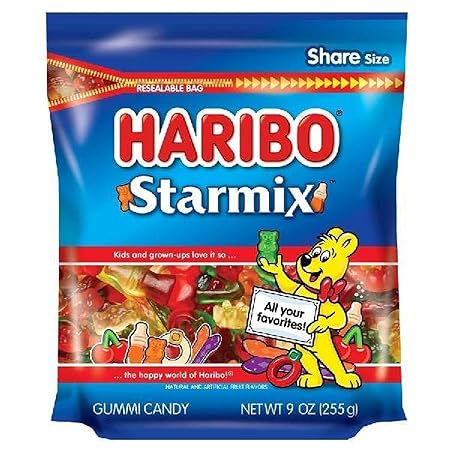 HARIBO Gummi Candy, Starmix Gummy Candy, 9 Ounce Resealable Share Size Stand Up Bag, Delicious Soft & Chewy Sweet Snacks, Assorted Fruity Flavors