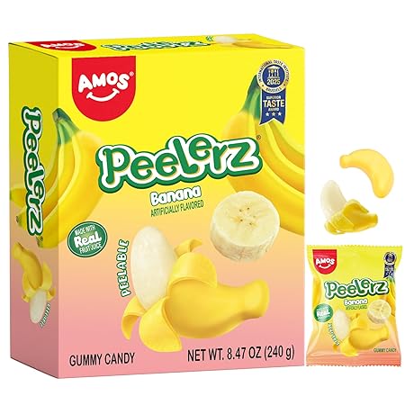 AMOS Peelerz Banana Gummy Candy, Peelable Fruit-Shaped Candy, 8.47oz Box with 10 Individual Packs – Fun Peeling Gummy Snack Made with Real Juice