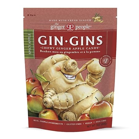 GIN GINS Spicy Apple Ginger Chews – 100% Natural Candy by The Ginger People – Individually Wrapped Healthy Treats - Made with the Fresh Rhizome – Spicy Apple Flavor – 3oz Bag – Pack of 1