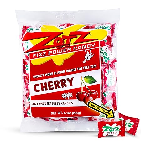 Zotz Fizzy Old Fashioned Hard Candy Fruit Flavored Cherry Candy, Individually Wrapped and Filled Hard Candy - Gluten -Free, From Italy Since 1970 (Bag 46 Units)