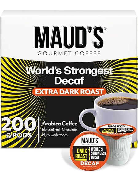 Maud's World's Strongest Decaf Coffee Pods, 200 ct, Decaffeinated Dark Roast Coffee in Recyclable Single Serve Pods – 100% Arabica Coffee, Compatible with Keurig K Cups Maker