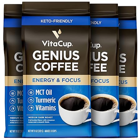 VitaCup Genius Ground Keto Coffee w/Turmeric, MCT Oil, B Vitamins, D3, Ground Coffee Medium Dark Roast, Bold & Smooth, 100% Arabica Coffee Grounds, 4 bags, 11oz each