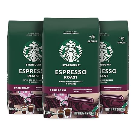 Starbucks Ground Coffee, Dark Roast Coffee, Espresso Roast, 100% Arabica, 3 bags (18 oz each)