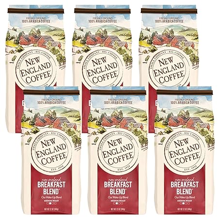 New England Coffee Breakfast Blend Medium Roast Ground Coffee, 12oz Bag (Pack of 6)