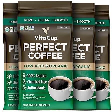 VitaCup Perfect Low Acid Coffee Ground, USDA Organic & Fair Trade, Mycotoxin Free, Dark Roast Guatemala Single Origin, Clean & Pure for Drip Coffee Brewers and French Press, 4 bags, 11oz each